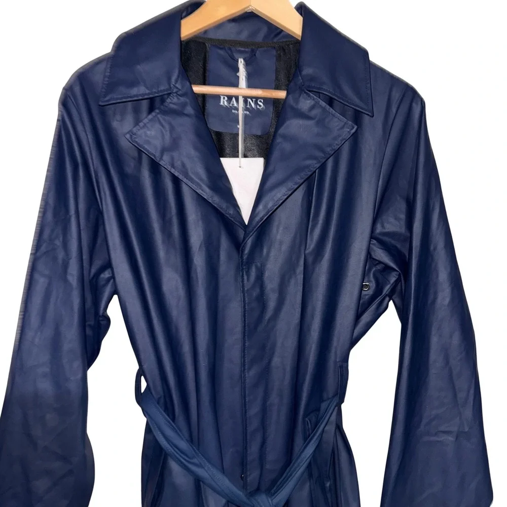 RAINS Navy Waterproof Belted Trench Raincoat M/L NWT Scandinavian Minimalist